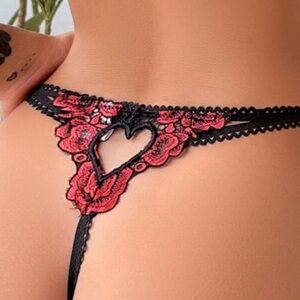 Heart Cut Out Floral Embroidery Double Strap Thong Panty